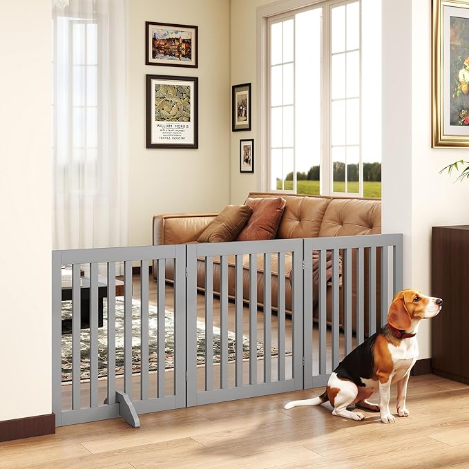 24”H Freestanding Wooden Pet Gate, Dog Gate for Stairs, Doorways, and Hallways, Step Over Foldable Pet Fence for Indoor Use, Support Feet Included, 60 inch Wide 3 Panels, Grey