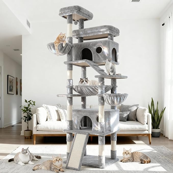 80 Inch Cat Tree, Large Cat Tower with 9 Scratching Posts, 2 Perches, 2 Caves, 2 Basket, 2 Stairs, Extra Large Hammock, Multi-Level Plush Cat Condo for Indoor Cats/Light Grey