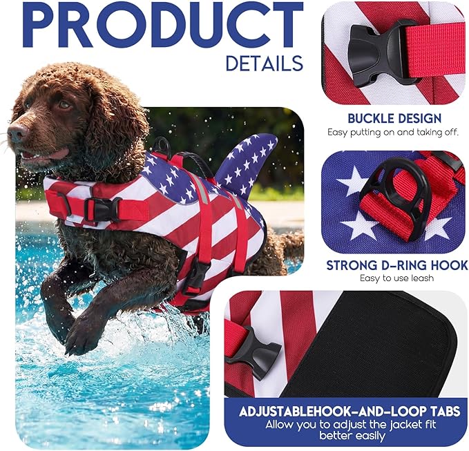 ASENKU Dog Life Jacket - Pet Safety Vest for Swimming & Boating, Shark Life Jacket with Floatation, Dog Lifesavers Swimsuits for Small Medium Large Dogs (RedFlag, 2XL)