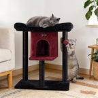 Cat Tree Tower Scratching Post for Indoor Large Cats, Small Cat Tree with Big Perch Bed, 28in Tall Trees House with Condo Cave, Toy Balls, Modern Climbing Furniture Platform for Kitten (Black)