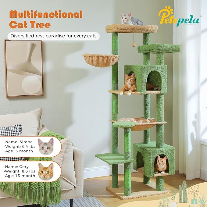 PETEPELA 69" Tall Cat Tree for Indoor Large Cats, Cat Tower for Adult Cats with Big Hammock, Cat Climbing Tree Tower with Scratching Posts, Condo House and Large Top Perch, Green