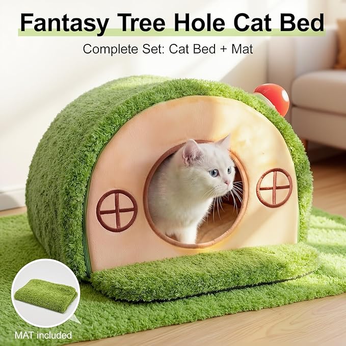 Cat Bed for Indoor Cats - Cute Cat Bed Cave, Tree Hole Cat House Tent for Kittens and Small Medium Pets with Removable Washable Cushion & Anti-Slip Bottom, Enclosed Kitten Bed Hideaway