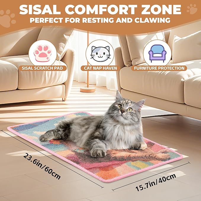 Sisal Cat Scratcher Mat, Cat Wall Scratcher for Indoor Cats, 23.6x15.7 Inch Cat Scratch Pad with Hook & Loop, Wall Mounted Cat Scratching Post to Protect Couch and Carpet（Beach Cat）
