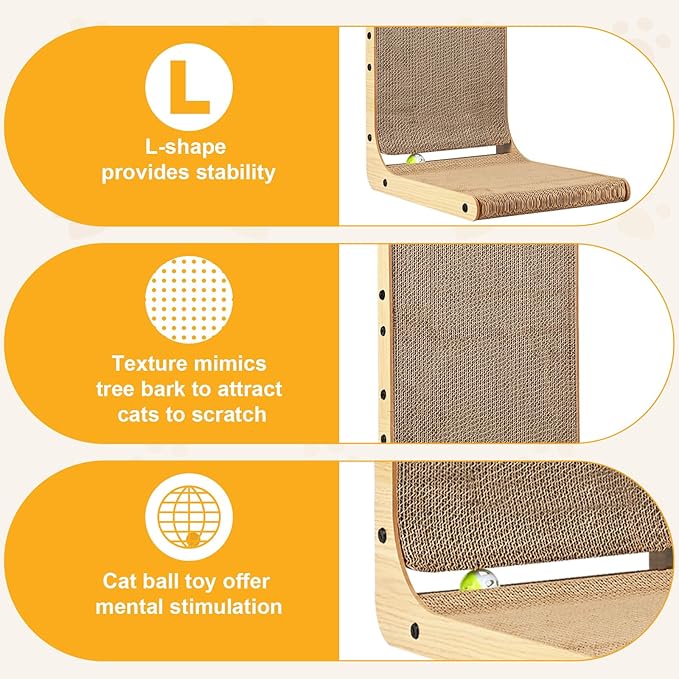 Cat Scratcher L Shape Large, 26.8 inch Cat Scratching Pad for Indoor Cats, Cardboard Cat Scratch Pad with Ball Toy