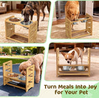 Elevated Dog Bowls, Adjustable Raised Dog Bowl Stand for Large and Medium Pet, 15" High Bamboo Pet Food Feeder with 2 Stainless Steel Dishes（6 Heights）