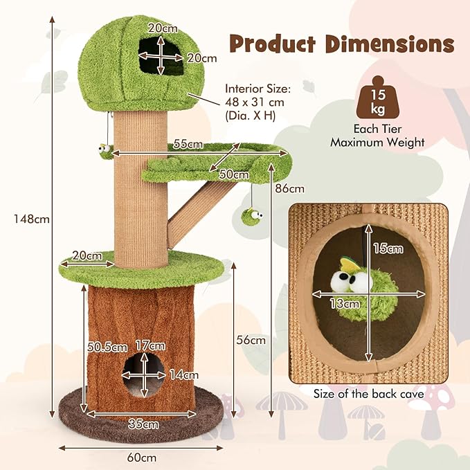 PETSITE 58 Inch Forest-Themed Cat Tree, Multi-Level Cat Tower with 2 Cute Condos, Plush Perch, Teasing Balls, Sisal Posts, Hidden Cave, and Removable Cushions, Modern Cute Cat Tree for Indoor Cats