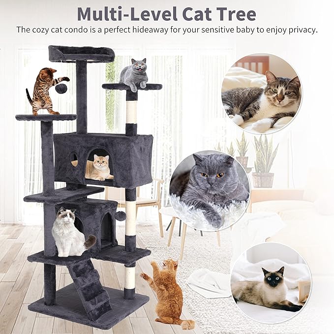 BLKMTY Cat Tree 70" Tall Cats Tower Large Cat Condo Climber Cats Climbing Stand with Top Perches Playhouse and Climbing Ladder Kitty Activity Tree w/Scratching Post Toys, Light Gray