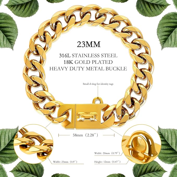 BAOBOTE 23MM Gold Dog Collar,Dog Chain Collars with Cuban Link Dog Collar,Heavy Duty Training Collar Chew Proof for Medium Dogs(16" Gold)