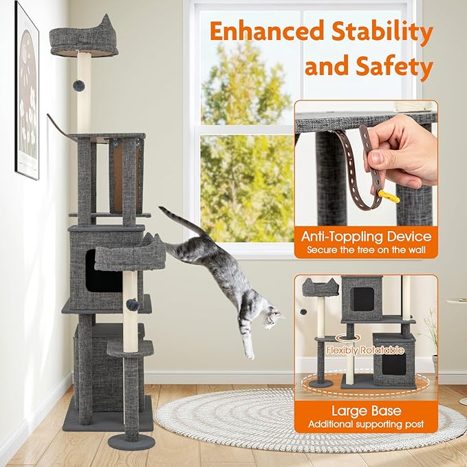 Tangkula 71 Inch Tall Cat Tree, Multi-Level Large Cat Tower with Scratching Posts & Sisal Board & Ladder, 2 Removable Condos, Perch, Bed, Dangling Balls, Modern Linen Fabric Cat Tree for Indoor Cat