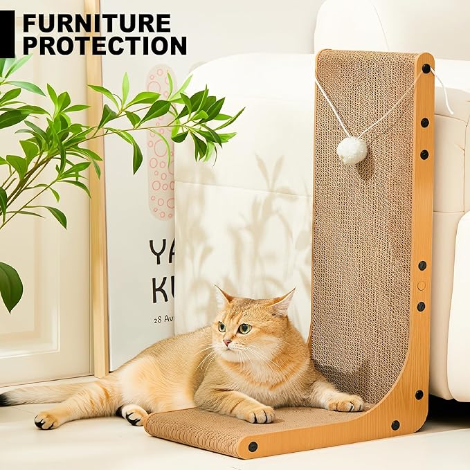 Cardboard Cat Scratcher, 23.6 Inch Cardboard Cat Scratching Post with Fuzzy Ball, Reversible Scratching Pad for Indoor Cats