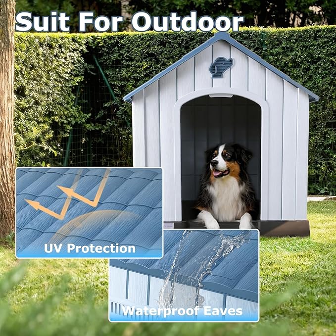 LEMBERI Durable Waterproof Plastic Dog House for Small to Medium Sized Dogs, Indoor Outdoor Doghouse with Air Vents and Elevated Floor, Easy to Assemble (Blue, 33.5" L x 31.5" W x 33.9" H)