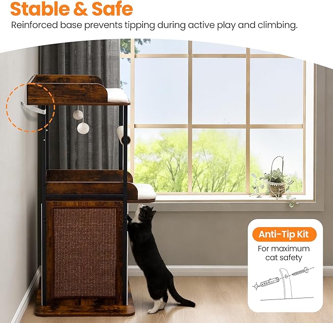 Wood Modern Cat Tree Tower for Indoor Large Cats, 48-Inch Tall Wooden Cat Trees with Big Perch Bed, Multi-Level Condo with Scratching Board Posts, Removable Pads, Cat Furniture, Rustic Brown