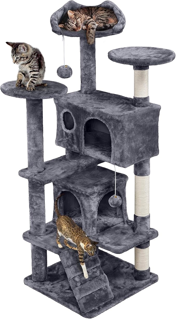 Topeakmart 54in Cat Tree, Cat Tower w/Large Cat Condo Scratching Posts and Perch, Cat Stand House Furniture, Dark Gray