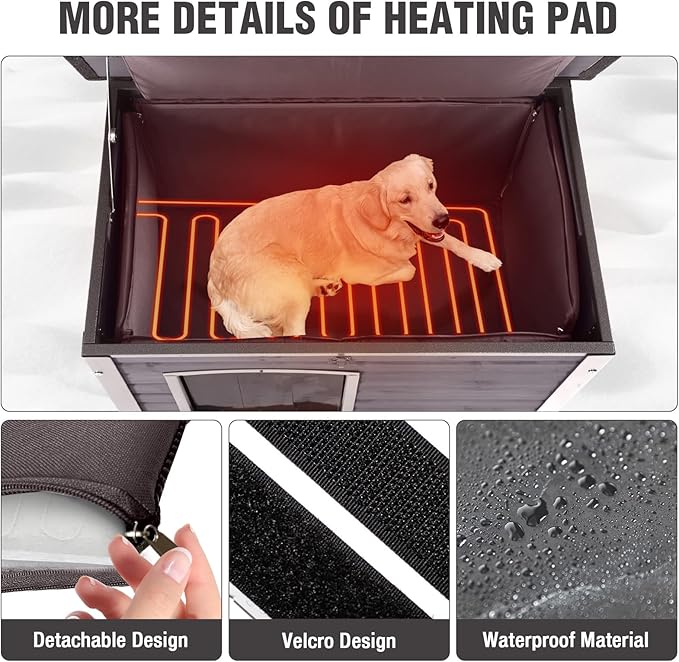 33.3’’ Heated Outdoor Dog House Weatherproof Insulated Dog Kennel with Metal Frame, Dog Shelter with Heating Pad, 6-Sided Insulated Liner and PVC Door Curtain for Winter (Grey)