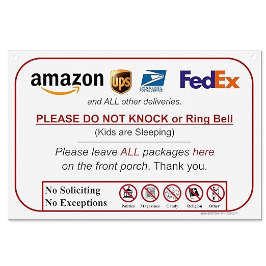 Leave Package Sign - Do Not Knock or Ring Bell, Kids are Sleeping 6" x 9" No Rust PVC, Will Not Scratch, Hang Sign, Made in USA by SPRYZZLE