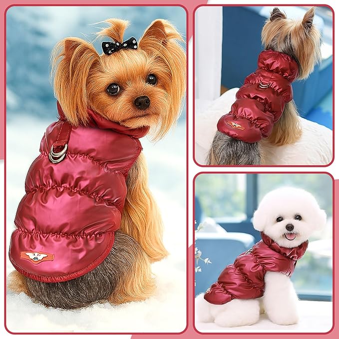 Winter Warm Dog Jacket for Small Medium Dogs Cat Cold Weather Coats with Harness Paded Dogs Fleece Vest Waterproof Windproof Dog Snow Jacket Pet Puppy Clothes (Wine red,M)