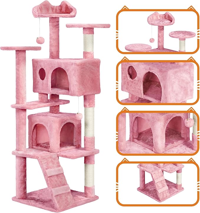 Topeakmart 61in Cat Tree for Indoor Cats, Cat Tower with Scratching Posts Spacious Perch & Platform for Kittens, Pink