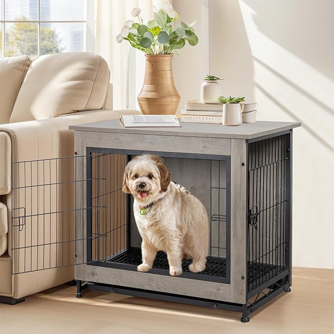 Shintenchi Dog Crate Furniture, Double-Doors Kennel Indoor with Removable Tray, End Table Dog House for Small Medium Breed, 32.5" L, Grey