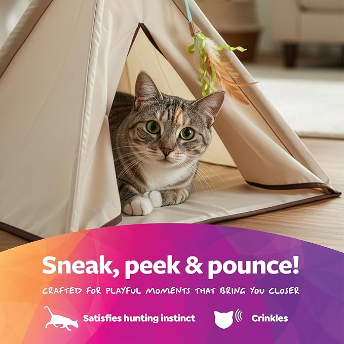 SmartyKat Kitty Camp Crinkle Cat Tent Hideaway, Collapsible Tent with Detachable Feather Toy for Privacy & Play for Cats & Kittens, Beige, One Size