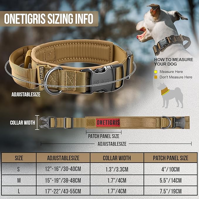 OneTigris Tough Dog Collars, Tactical Dog Collar with Handle, Milltary Adjustable Dog Collar with Heavy Duty Metal Buckle for Training (Medium (Pack of 1), Brown)