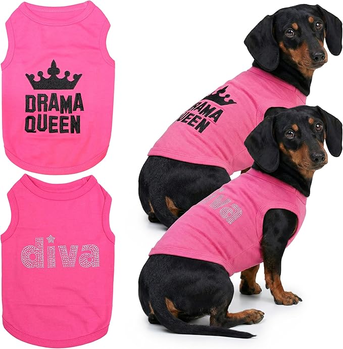 Parisian Pet 2 Pack Dog Shirts – 100% Cotton Pink Shirts for Large Dogs Girl – Sleeveless Diva and Drama Queen Dog Clothes – Breathable Summer Pet Apparel - Stretchy and Stylish T Shirts for Dogs