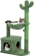 PEQULTI Cactus Cat Tree Cat Condo with Big Metal Frame Hammock, Cat Scratching Post for Indoor Cats with Cat Condo Natual Sisal Rope and Cat Toy Dangling Sisal Ball, Green