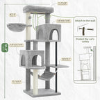 51.2'' Cat Tree Tower, Cat Tower with Scratching Post, Sturdy Steel Pube Cat Tree for Inoor Cats Large Adult, Cat Hammock and Basket, Padding Top Platform, Light Gray GCT014W