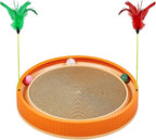 Extra-Large Round Cat Scratcher Bed with Ball Track – 3-in-1 Circular Cardboard Scratching Pad with Feather Toys – Interactive Cat Toy Round Track for Large Breeds Like Maine Coons (Orange)