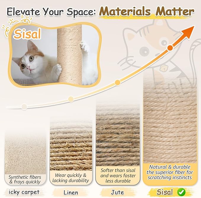Tinnmao 53'' Solid Wood Cat Tree for Large Cats, Natural Sisal Scratching Post, Hand Woven Rattan Basket, High-end Luxury Design with Washable Plush Pad, Easy to Clean