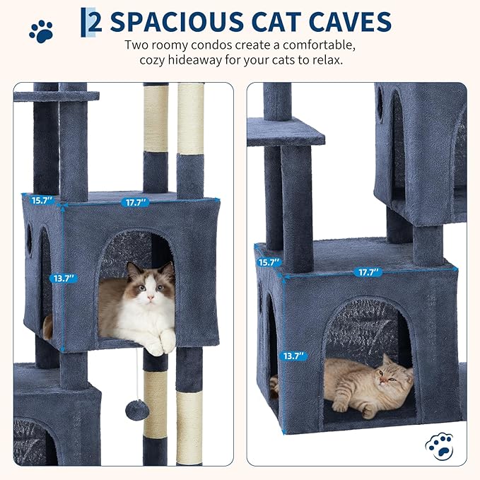 Blue 61" Heavy Duty Cat Tree for Large Indoor Cats & Maine Coon, Fresh Multi-Level Cat Tower with Extra Large Perch, 2 Spacious Condos, Natural Sisal Scratching Posts & Interactive Toys