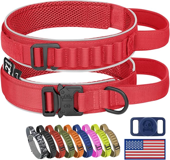 HYDEME Tactical Dog Collar, Alpine Loop Adjustable Military Training Nylon Dog Collars with Handle and Reflective for Small Medium Large Dogs, with Airtags Protective Case & Patches.(XL,Red)