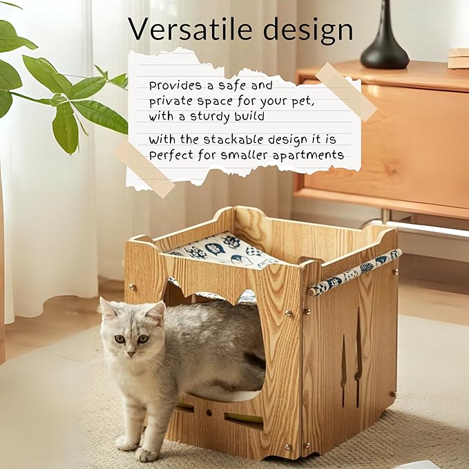 Stackable Cat House for Indoor Cats Bed, Wooden Cat Shelter, Cat Cube, for Cats, Kittens, and Puppies, 15x15x15 inches, Hammock & Pillow Included, Cat Tower, Modern Design, Black