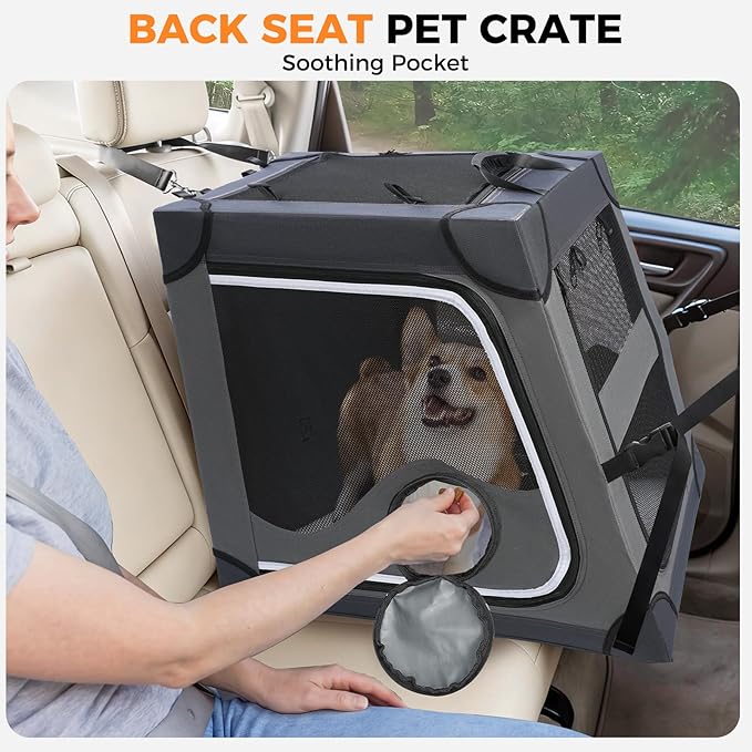Snagle Paw Portable Dog Crate for Car Travel,Metal Frame Pet Crate,Pet Carrier for Car Back Seat Secures with Headrest Strap and Seatbelt,M Gray