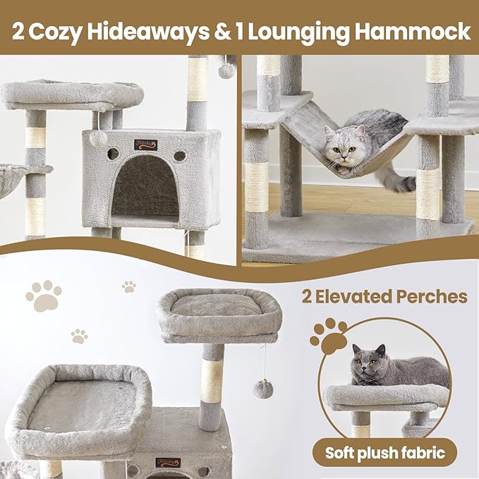 Cat Tree Tower for Indoor Large Cats, Cat Scratching Post with Big Perch Bed, Tall Trees House with Condo Cave, Toy Balls, Modern Climbing Furniture Big Platform for Kitten