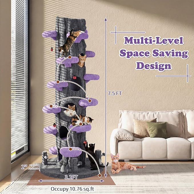 PETSITE 90.5-inch Tall Cat Tree, Tree-Like Modern Cat Tower with Sisal Scratching Pad, Five Cat Condos, Cute Hanging and Spring Toys, Large Cat Tree Tower for Indoor Cats (Purple)