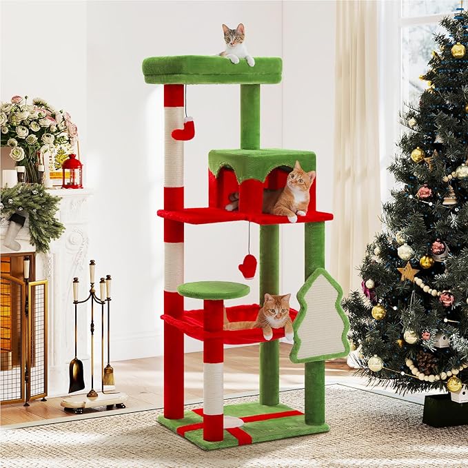 PETEPELA Christmas Cat Tree for Indoor Cats, 5-Level Cat Tower with Large Hammock (20"x 16"), Cozy Condo and Scratching Posts, 56.3" Tall Cat House with Big Top Perch & Christmas Tree Scratching Pad