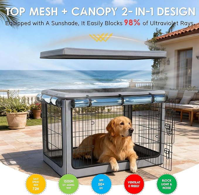 Dog Crate Cover, Heavy Duty Waterproof Abrasion-Resistant and Scratch-Resistant Knife-Scraped Fabric with Breathable Mesh & Detachable Sunshade, Dog Cage Cover Universal Fit for Wire Crates (42-Inch)