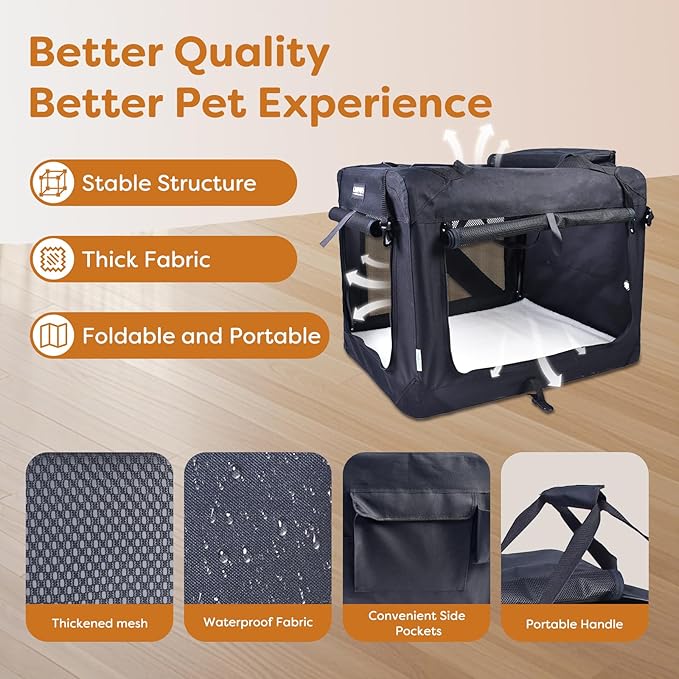 JESPET Soft Dog Crates Kennel for Pets, 3 Door Soft Sided Folding Travel Pet Carrier with Straps and Fleece Mat for Dogs, Cats (Graphite Black, Large(30" L x 21" W x 23" H))