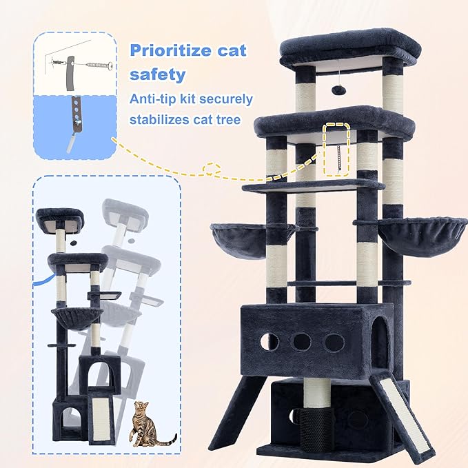 Hey-brother Cat Tree Tower, 71.5 Inches Scratching Posts with Extra Large Platform, 2 Cozy Condos, 2 Hammocks and Scratch Boards, Multi-Level House for Multiple Indoor Cats, Smoky Gray MPJ085G