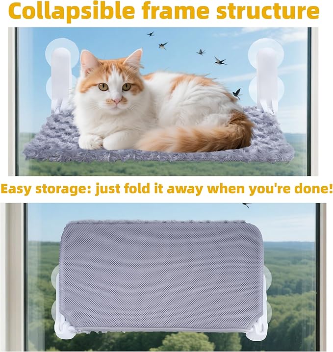 Cat Window Perch, Cordless Foldable Cat Hammock Bed with 4 Suction Cups, Embeded Machine Washable Bed for Indoor Cats, Strong Metal Frame Holds 40lbs (Grey, Two Pieces)