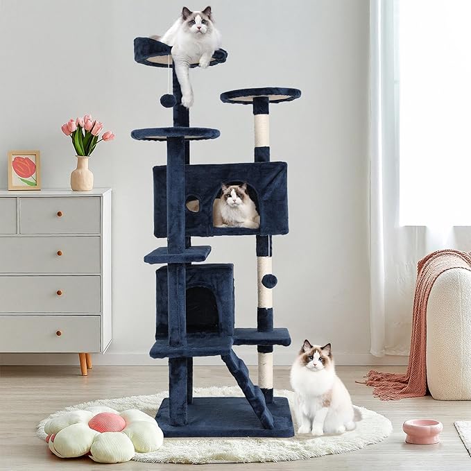 70" Multi-Level Cat Tree Tower with Scratching Posts, Toys & Condo - Space-Saving Design for Indoor Kittens, Compact Floor Footprint & Vertical Space for Multi-Cat Homes-Navy Blue