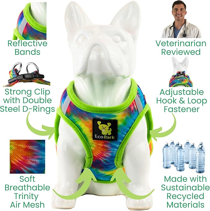 EcoBark Dog Harness - Luxury Step in Mesh Dog Harness in Tie Dye- Soft & Secure Halter Harness Vest for Puppies and Dogs