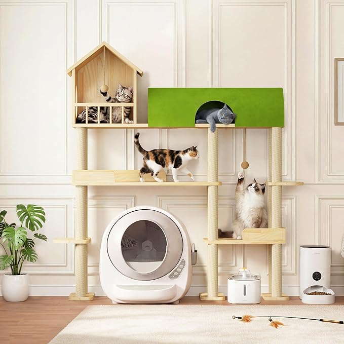 Wood Cat Tree Tower for Automatic Litter Box, 60.2'' Tall Cats Tree with Cat Tunnel, Cat Tower for Indoor Cats Large Adult, 4-Level Solid Wood Cats Furniture with 18Pcs Scratching Post, House