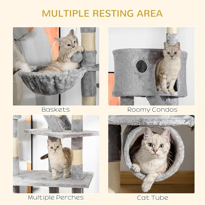 102" Tall Cat Tree Multi-Level Cat Tower for Indoor Cats with Cat Condo, Hanging Basket, Sisal Scratching Posts, Plush Balls and Hammock for Small Large Cats (Light Gray)