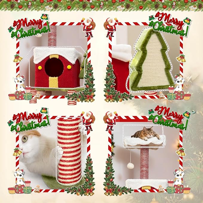 Cat Tree Tower with Cozy Condos, Multi-Level Green Cat Tower with Scratching Posts, Cat House Furniture with Snow Roof & Tree Design, Stable Cat Playground for Indoor Cats