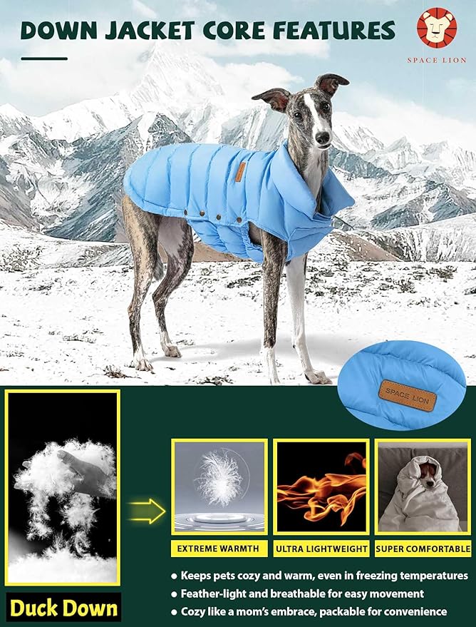 SPACE LION Dog Puffer Jacket, Down Winter Coat, Durable Outdoor Coat for Cold and Windy Conditions, Lightweight & Adjustable Fit Coats for Small Dogs, (Alaskan Blue, Size 8 Gift Box)