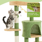 45.3-inch Multi-Level Cat Tree Tower with 3 Soft Platforms & 2 Cat Caves, Fully Wrapped Sisal Scratching Post for Indoor Cats, Dangling Toy, Green