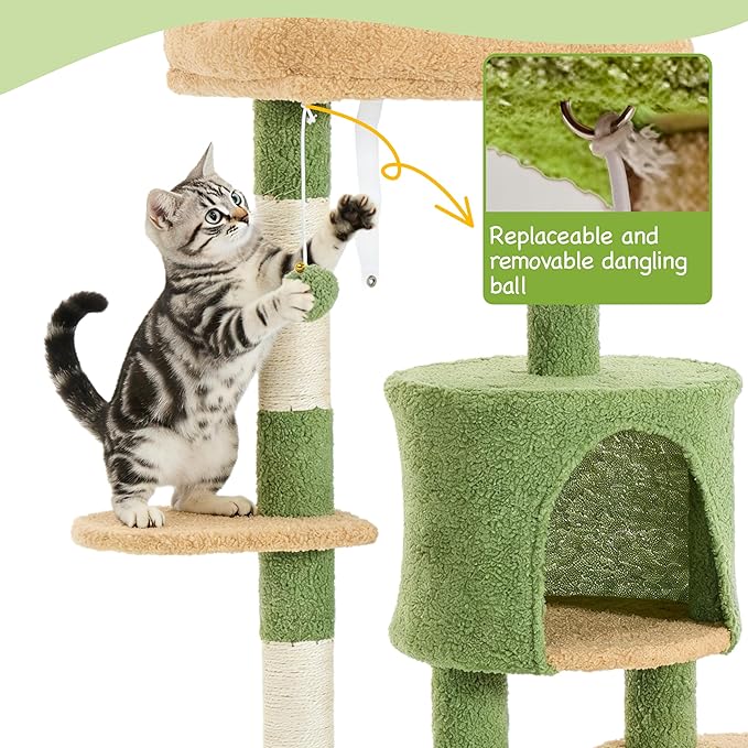 45.3-inch Multi-Level Cat Tree Tower with 3 Soft Platforms & 2 Cat Caves, Fully Wrapped Sisal Scratching Post for Indoor Cats, Dangling Toy, Green