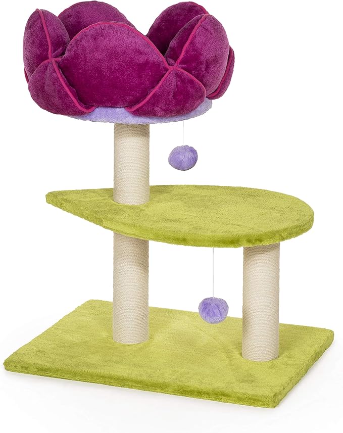 Prevue Pet Products Flower Garden Cat Tree - Multi-Level Indoor Cat Tower with Scratching Posts, Includes Hanging Toys and Play Areas, Plush Bed & Scratching Posts - Green and Pink