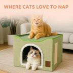EverBrightly Cat Condo Bed | Foldable Pet Cave with Scratcher Pad, Reversible Cushion & Hanging Toy Ball | Indoor Hideaway, Lounge Perch & Playhouse, Durable Linen with Cozy Sherpa